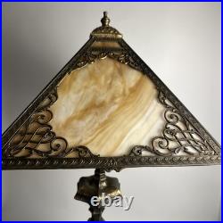Fabulous Antique Slag Glass Table Lamp Bronze Ornamental Square Orange