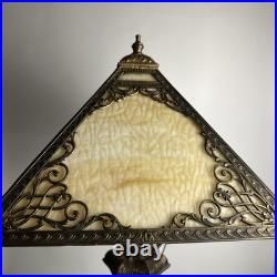 Fabulous Antique Slag Glass Table Lamp Bronze Ornamental Square Orange