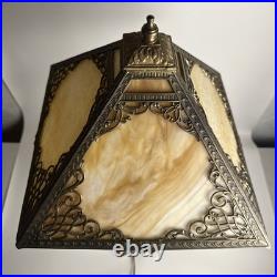 Fabulous Antique Slag Glass Table Lamp Bronze Ornamental Square Orange