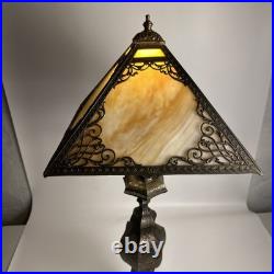 Fabulous Antique Slag Glass Table Lamp Bronze Ornamental Square Orange Fabulous Antique Slag Glass Table Lamp Bronze Ornamental Square Orange