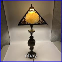 Fabulous Antique Slag Glass Table Lamp Bronze Ornamental Square Orange Fabulous Antique Slag Glass Table Lamp Bronze Ornamental Square Orange