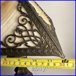Fabulous Antique Slag Glass Table Lamp Bronze Ornamental Square Orange