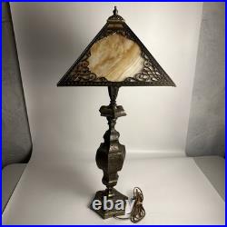 Fabulous Antique Slag Glass Table Lamp Bronze Ornamental Square Orange Fabulous Antique Slag Glass Table Lamp Bronze Ornamental Square Orange