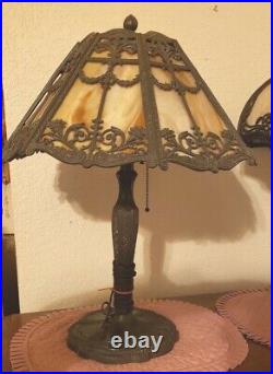 Filigree VINTAGE Art Nouveau 1920's Miller Table Desk Lamp with Slag Glass Shade