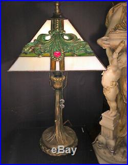 Fine Antique Petite French Bronze Tree Trunk Lamp / Leaded Slag Glass Shade 1920