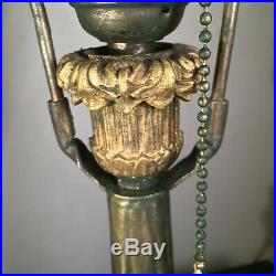 Fine Antique Petite French Bronze Tree Trunk Lamp / Leaded Slag Glass Shade 1920