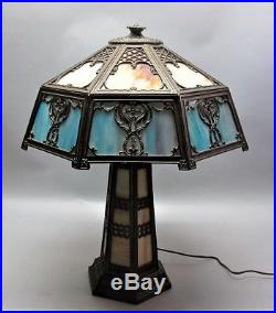 Fine MILLER ART NOUVEAU Slag Glass Lamp with Lighted Base c. 1915 antique