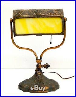 Fine Unusual Antique Slag Glass Desk Or Piano Lamp
