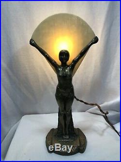 Flapper Girl Art Deco Bronze Spelter Table Lamp Eqyptian Revival 1930 Slag Glass