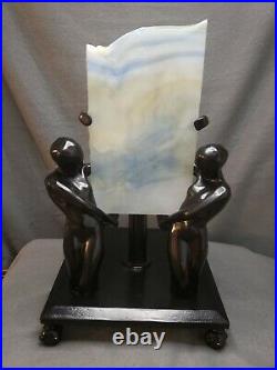 Frankart Style Art Deco Silhouette Couple Holding Slag Glass Panel Lamp