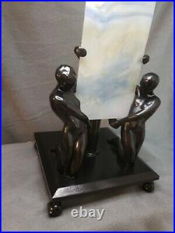 Frankart Style Art Deco Silhouette Couple Holding Slag Glass Panel Lamp