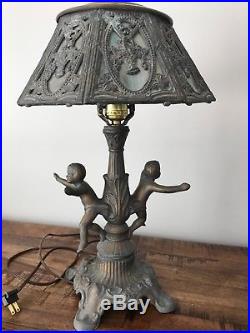 Gorgeous Antique Cherub Lamp with Slag Glass (P & H initials on shade)