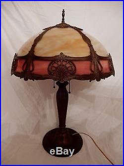 Gorgeous Antique Intricate Slag Glass Lamp Pristine Pink/Orange 23.5