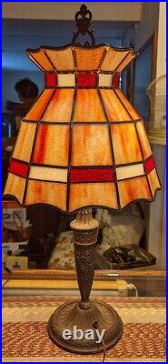 Gorgeous Antique Slag Glass Dual Lamp Art Nouveau or Arts & Crafts 63 Panel