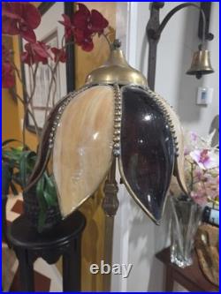 Gorgeous Vtg Uranium Glass Floor Lamp W Slag Glass Shade/Brass/Bronze Twin Bulb