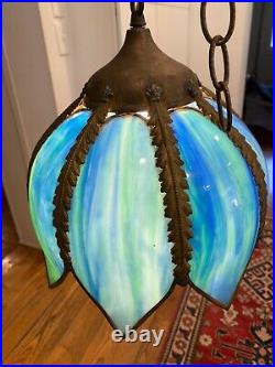Gorgeous vintage antique slag glass blue green tulip shade hanging Swag lamp