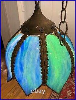 Gorgeous vintage antique slag glass blue green tulip shade hanging Swag lamp