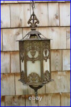 Great Antique Ornate Art Nouveau Slag Glass Pendant Ceiling Light Fixture