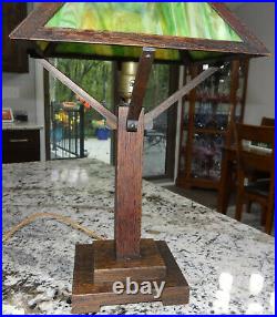 Green Slag Glass Oak Wood MissionTable Lamp Antique Arts Crafts