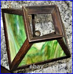 Green Slag Glass Oak Wood MissionTable Lamp Antique Arts Crafts
