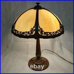 H. E. Rainaud Table Lamp 6 Panel Caramel Slag Glass Lamp Shade Cast Base #21