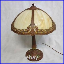 H. E. Rainaud Table Lamp 6 Panel Caramel Slag Glass Lamp Shade Cast Base #21