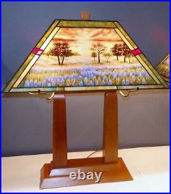 Hand Painted Stained/Slag Glass Wood Arts & Crafts Style Table Lamp-2 available Hand Painted Stained/Slag Glass Wood Arts & Crafts Style Table Lamp-2 available