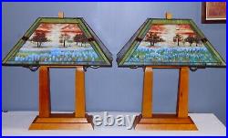Hand Painted Stained/Slag Glass Wood Arts & Crafts Style Table Lamp-2 available Hand Painted Stained/Slag Glass Wood Arts & Crafts Style Table Lamp-2 available
