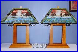 Hand Painted Stained/Slag Glass Wood Arts & Crafts Style Table Lamp-2 available Hand Painted Stained/Slag Glass Wood Arts & Crafts Style Table Lamp-2 available