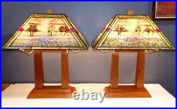 Hand Painted Stained/Slag Glass Wood Arts & Crafts Style Table Lamp-2 available Hand Painted Stained/Slag Glass Wood Arts & Crafts Style Table Lamp-2 available