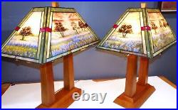 Hand Painted Stained/Slag Glass Wood Arts & Crafts Style Table Lamp-2 available Hand Painted Stained/Slag Glass Wood Arts & Crafts Style Table Lamp-2 available