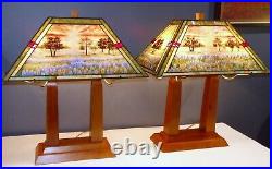 Hand Painted Stained/Slag Glass Wood Arts & Crafts Style Table Lamp-2 available Hand Painted Stained/Slag Glass Wood Arts & Crafts Style Table Lamp-2 available