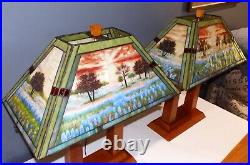 Hand Painted Stained/Slag Glass Wood Arts & Crafts Style Table Lamp-2 available Hand Painted Stained/Slag Glass Wood Arts & Crafts Style Table Lamp-2 available