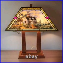 Hand Painted Tiffany Stained/Slag Glass 24 Lamp withWood Base & 2 Lights