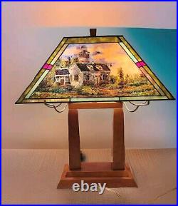 Hand Painted Tiffany Stained/Slag Glass 24 Lamp withWood Base & 2 Lights