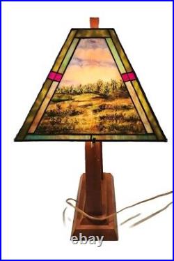 Hand Painted Tiffany Stained/Slag Glass 24 Lamp withWood Base & 2 Lights