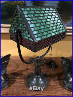 Handel Antique Arts Crafts Slag Glass Leaded Bradley Hubbard Era Desk Lamp NR