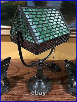 Handel Antique Arts Crafts Slag Glass Leaded Bradley Hubbard Era Desk Lamp NR