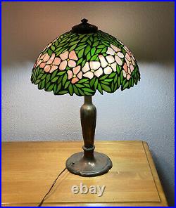 Handel Leaded Slag Stained Glass Pink Dogwood Floral Bronze Lamp 23 Antique
