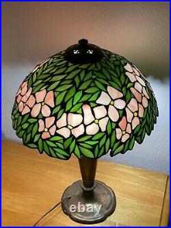 Handel Leaded Slag Stained Glass Pink Dogwood Floral Bronze Lamp 23 Antique