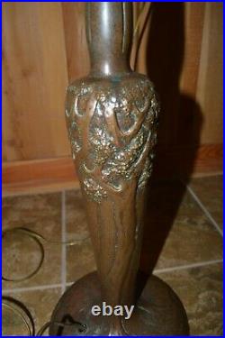 Handel Signed Oak Tree Bronze Base Slag Glass Cabin Lake Scenic Shade Lamp Table