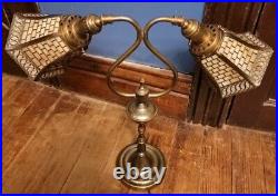 Handel Signed Student Lamp 2 Bulb Double Slag Glass Shade Rare Antique Vtg Brass