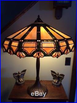 Handel arts crafts mission leaded slag glass antique Bradley hubbard era lamp nr