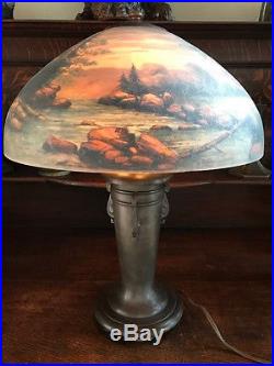 Handel reverse painted arts crafts slag glass leaded lamp bradley hubbard era nr