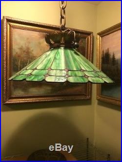 Handel slag glass leaded arts crafts mission Bradley hubbard era hanging lamp