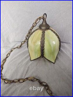 Hanging Green Slag Glass Tulip Lamp
