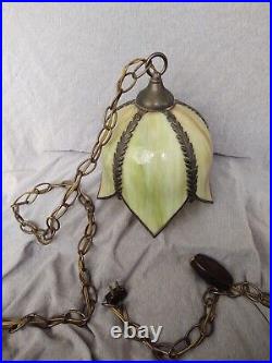 Hanging Green Slag Glass Tulip Lamp
