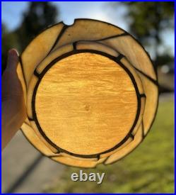 Hanging Light Ceiling Lamp Chalkware Frame withLeaded Amber Swirl Slag Glass Shade