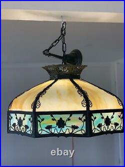 Hanging Metal Overlay Slag Glass Lamp