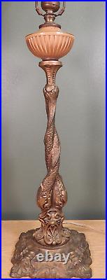 Heavy Cast Metal Antique Dolphin Koi Design Slag Glass Lamp Base, H. A. Best